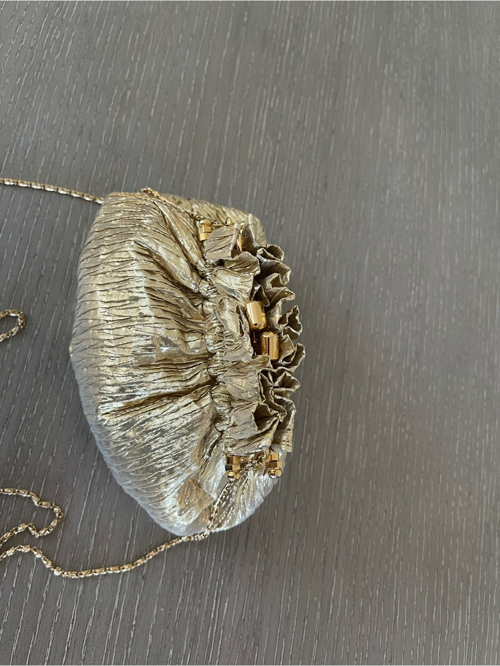 Gold Metallic Ruched Drawstring Wristlet with Chain Strap - Picture 4 of 11